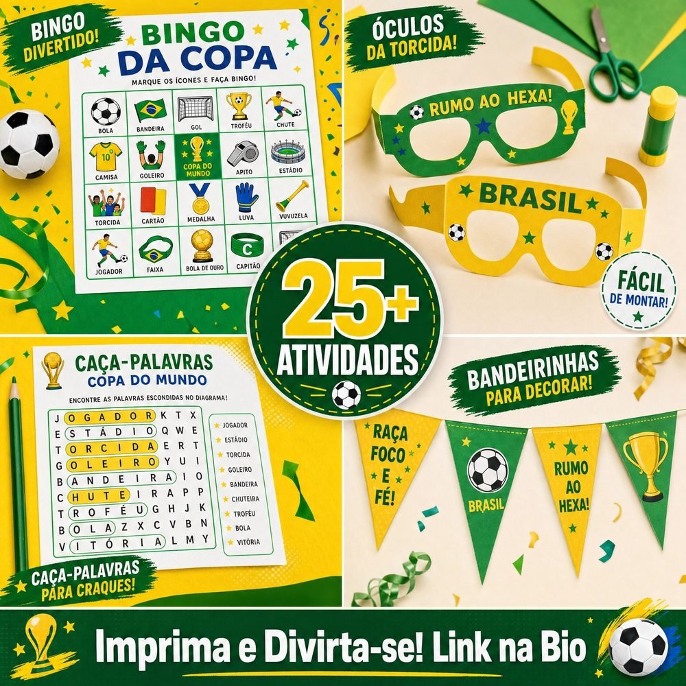 Prévia das 25+ atividades: bingo, caça-palavras, óculos da torcida e bandeirinhas